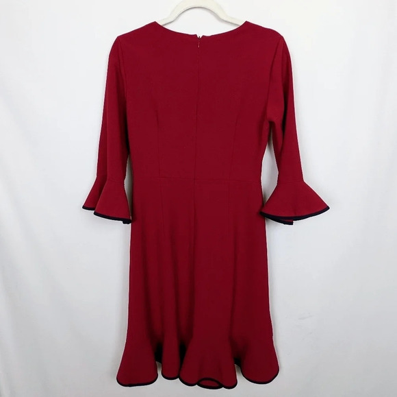 Nanette Lepore Cranberry Flounce Bell Sleeve Ruffled Crepe Knee Length Dress 8 - Picture 4 of 13